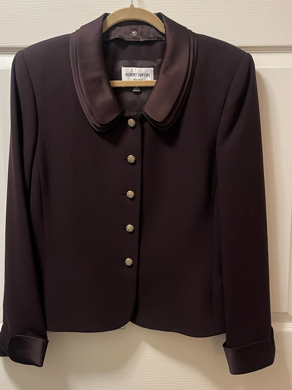Albert Nipon Vtg Blazer w/Rhinestone Buttons and Detachable Satin Collar. Sz12